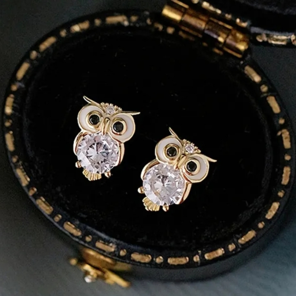 White Zirconia Owl Stud Earrings